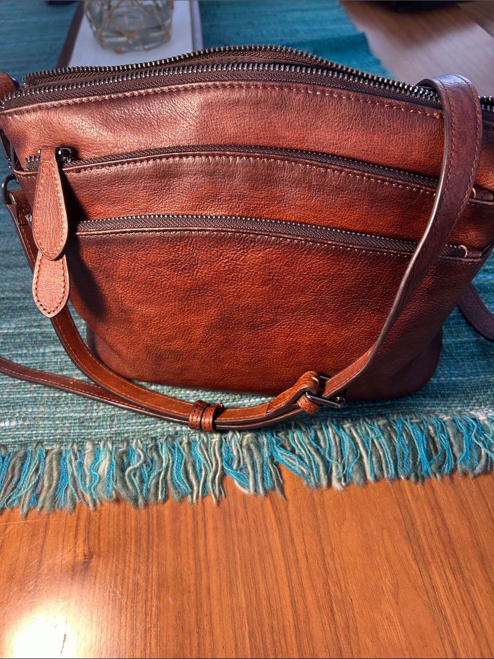 HESHE Brown Leather Crossbody Bag with Front Zip Pockets